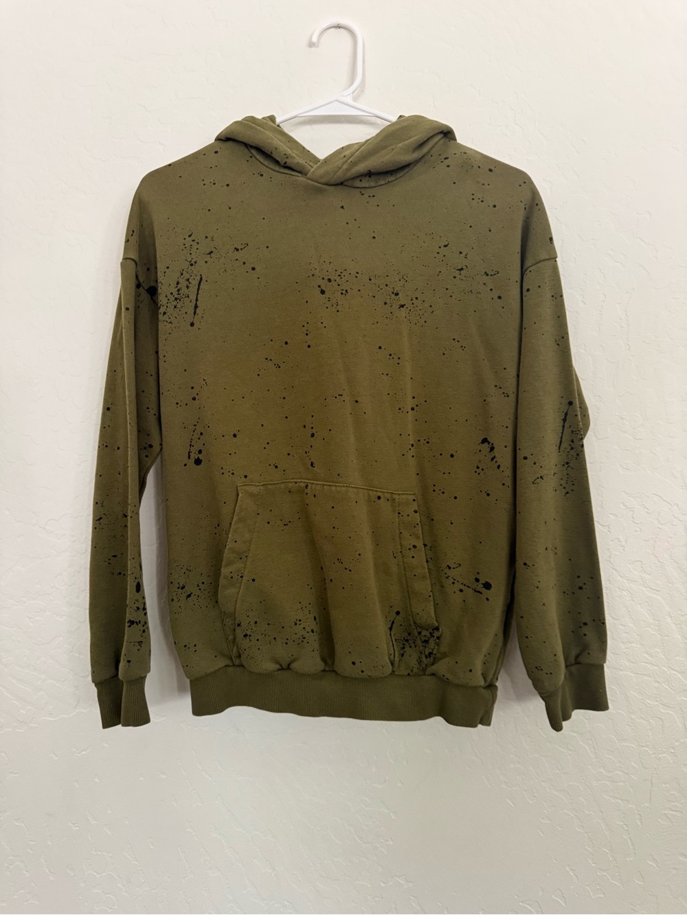 H&M Olive Green Hoodie with Black Paint-Splatter